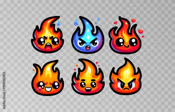 Obraz Set of fire cartoon character vector illustration on transparent png background.