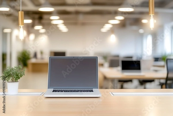 Fototapeta Blurred image of an open collaborative office layout featuring modern desks furniture and statement light fixtures  This professional work environment is designed for productivity teamwork