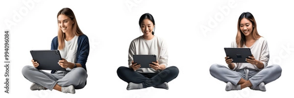 Fototapeta A young woman working on a tablet while sitting cross-legged representing Focus, Productivity, Technology, Comfort, and Modern Work
