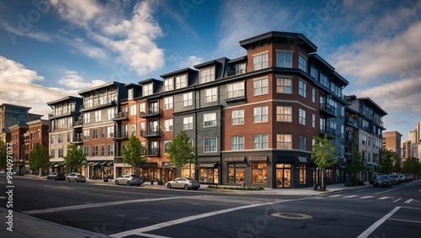 Fototapeta Modern residential building in urban setting, showcasing contemporary architecture and inviting street environment, ideal for city living and community engagement.
