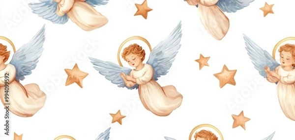 Obraz Soft watercolor angels and stars pattern on a white background, perfect for festive designs and decorations.