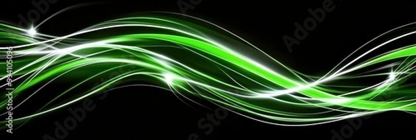 Fototapeta Abstract green light trails flowing on black background. Panorama, panoramic banner