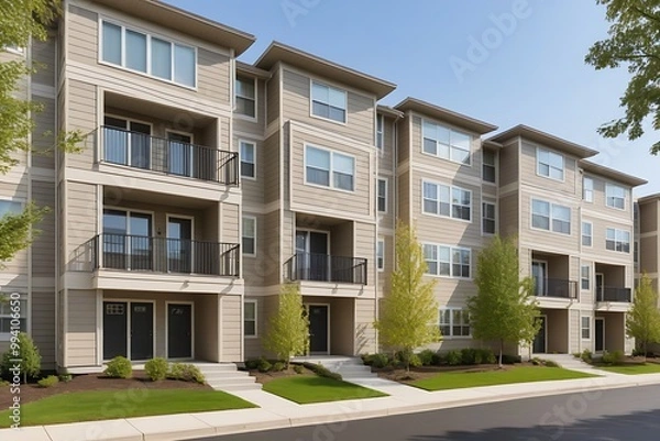 Fototapeta A modern multifamily building with beige Hardie plank siding, featuring balconies, windows, and a textured finish in a suburban neighborhood