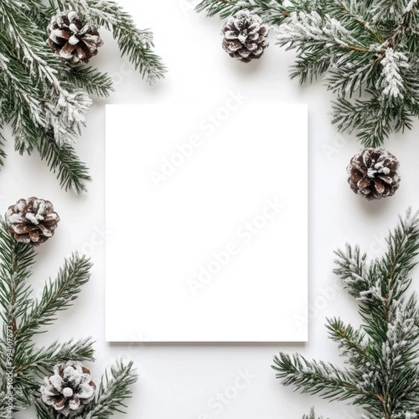 Fototapeta A minimalist winter-themed layout featuring pine branches and pinecones surrounding a blank  square, ideal for adding custom holiday messages or designs.