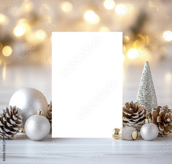 Fototapeta A festive scene featuring a  placeholder surrounded by Christmas decorations, including ornaments, pine cones, and a small tree, against a blurred light background.
