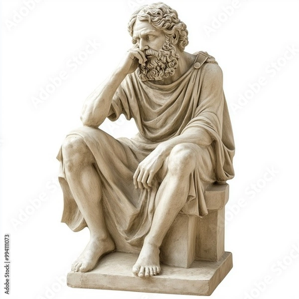 Fototapeta Classical sculpture of a seated, bearded man in a robe, deep in thought, detailed ancient style stone figure