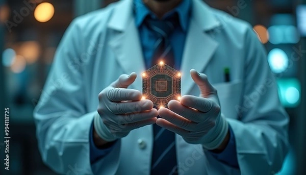 Fototapeta A Man Holding a Futuristic Microchip in Cleanroom Environment