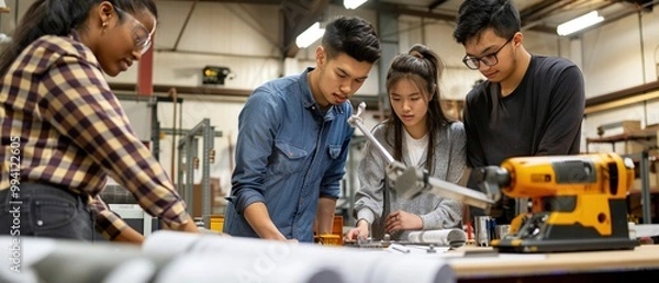 Obraz Group of diverse college students participating in a collaborative engineering project with tools and blueprints