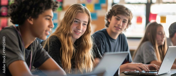 Fototapeta High school students collaborating on a group assignment in a computer lab