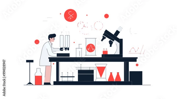 Fototapeta Scientific Laboratory Testing - Flat Vector Illustration of Scientist Conducting Experiments with Lab Equipment and Chemical Vials
