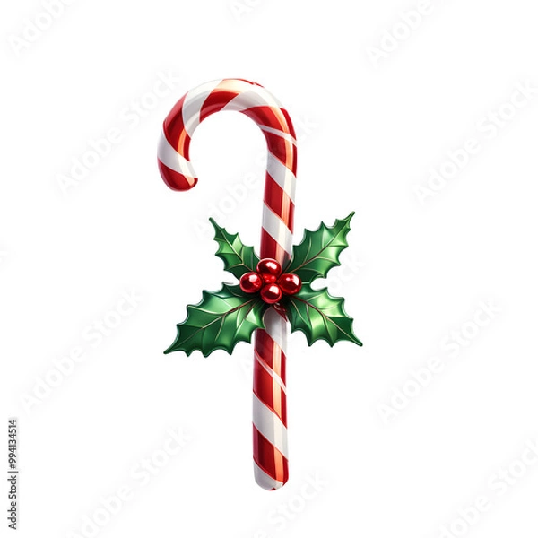 Fototapeta Bengala doce com listras vermelhas de natal com folhas verdes de guirlanda natalina em fundo transparente sem fundo
