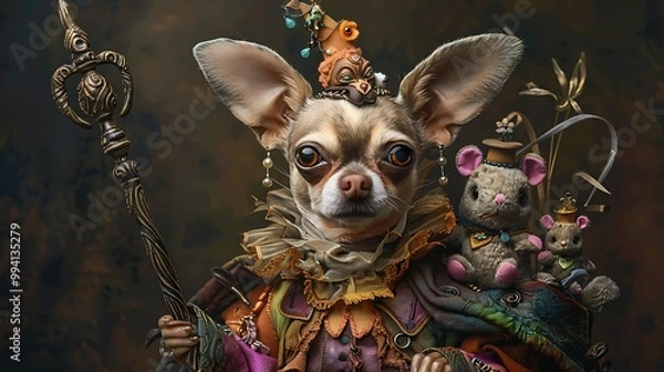 Fototapeta Wonderful chihuahua outfitted as a trickster sporting a staff and teddy rabbits