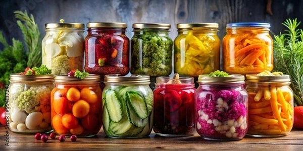 Fototapeta A vibrant collection of assorted fermented foods displayed in clear glass jars, featuring a colorful array of textures and hues from vegetables and fruits, pickle.