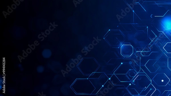 Obraz Blue tech background with circuit lines and hexagons, vector design for business, technology, or science concepts.