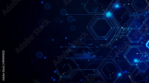 Obraz Blue tech background featuring circuit lines and hexagons, vector design for business, technology, or science themes.