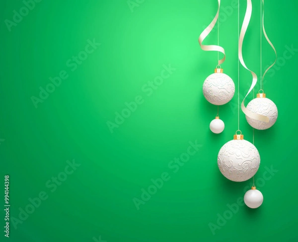 Fototapeta white Christmas balls on a green background with a copy space