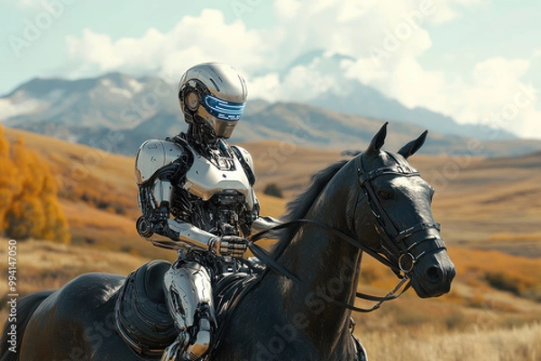 Obraz Cyborg riding in open fields with majestic mountains behind