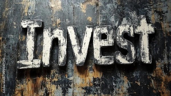 Fototapeta The word 'Invest' is prominently displayed on a rugged wooden surface, representing financial planning, growth, and the commitment to investing.