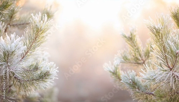 Obraz Beautiful white snowy winter Christmas background with pine tree branches covered with glittering silver frost, bokeh light.

