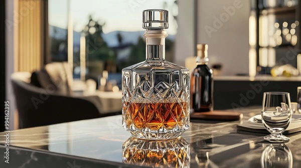 Fototapeta A beautifully crafted crystal decanter filled with amber whiskey sits on a sleek countertop, illuminated by natural light in a stylish interior space.