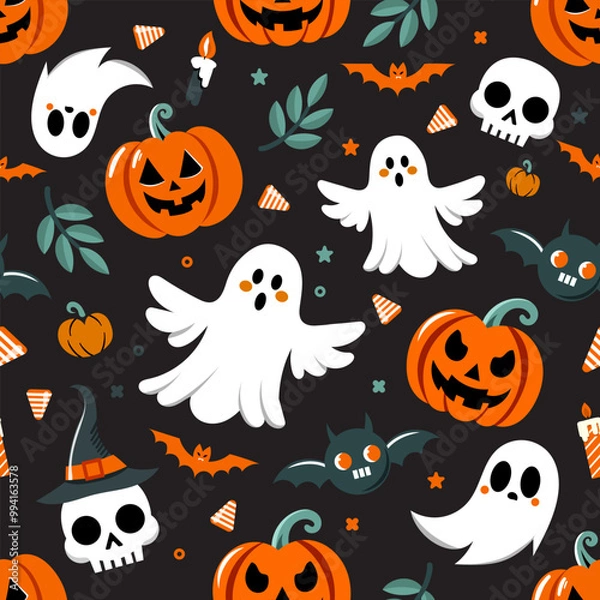 Fototapeta Happy Halloween party seamless pattern with cute ghosts, creepy pumpkin, bats, flowers and fancy hat.
