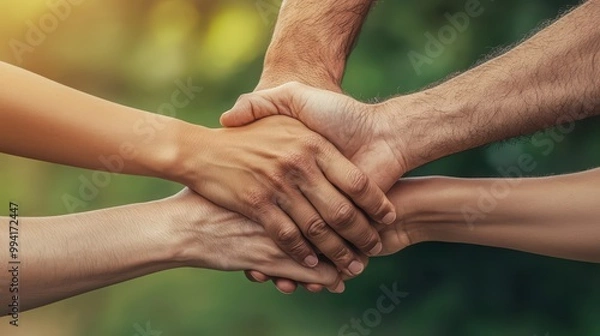 Fototapeta Diverse hands joining together in unity and support, against a natural background