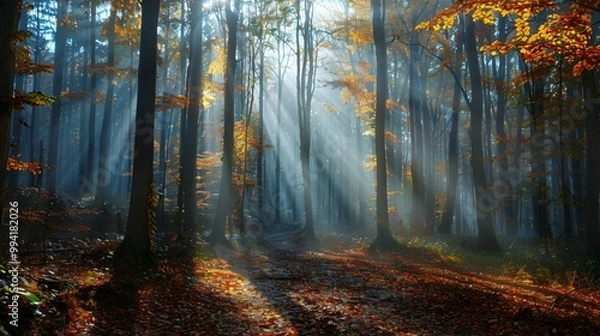 Fototapeta Autumn foggy forest with light rays