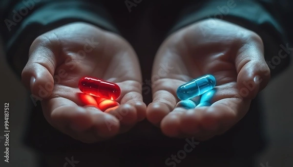 Fototapeta Hands holding a red pill and a blue pill in dramatic lighting, dark background, symbolic and thoughtprovoking choice