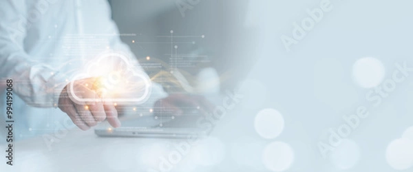 Fototapeta Businessman use cloud computing virtual screen Cloud technology. Data storage. Networking and internet service to softwares in business and sharing data management to customer business partner file.