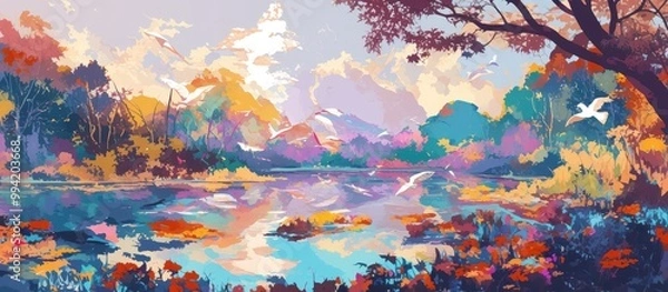 Fototapeta Abstract landscape painting featuring dreamy elements vibrant colors and a natural backdrop showcasing a beautiful and imaginative park setting