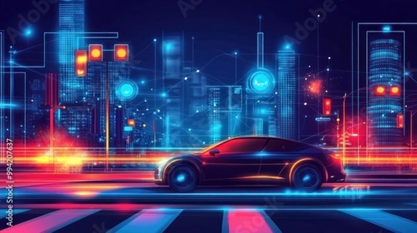 Fototapeta Vector illustration of a connected car interacting with smart city infrastructure, including traffic lights and communication towers. The scene highlights automotive software, smart mobility