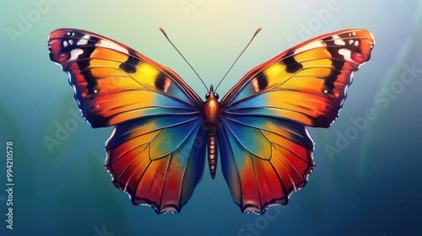Fototapeta Colorful 2D cartoon butterfly closeup on a blue background Represents freedom creativity and inspiration in a beautiful natural setting Symbol of flying and dreamlike fantasy