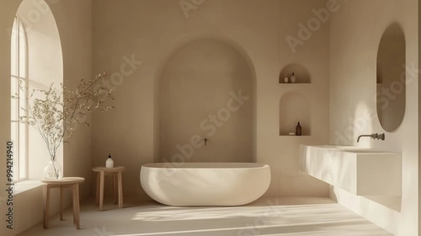 Fototapeta A minimalist bathroom with clean lines, monochromatic colors, and functional fixtures, creating a calm environment