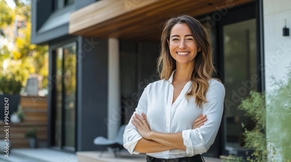 Fototapeta A woman is standing in front of a house with a smile on her face