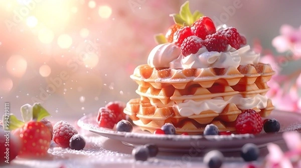 Fototapeta A stack of warm fluffy Belgian waffles topped with fresh berries, perfect for a delicious and inviting breakfast scene.

