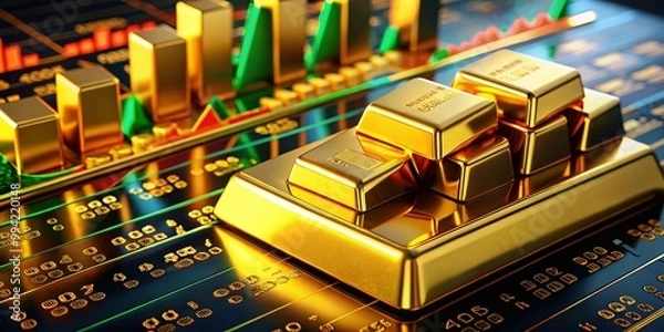 Fototapeta Forex Trading Concept with Gold Bars, Currency Exchange and Financial Market Analysis Visualization