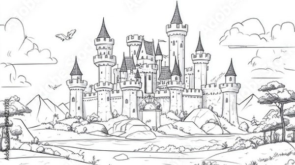 Fototapeta Vibrant and monochrome coloring template featuring a whimsical medieval castle Classical design for a children s and adults coloring book Flat 2D cartoon style