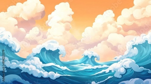 Fototapeta Cartoon scene featuring waves and clouds in a nautical theme