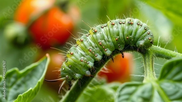 Fototapeta Green Tomato Pinworm Caterpillar on a Leaf – Emphasizing the Pest's Camouflage and the Impact of Repeatedly Growing Tomatoes in the Same Soil