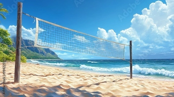 Fototapeta a beach volleyball scene with a net set up near the ocean as waves crash onto the shore, capturing the essence of summer leisure and sport on a sunny day at the beach