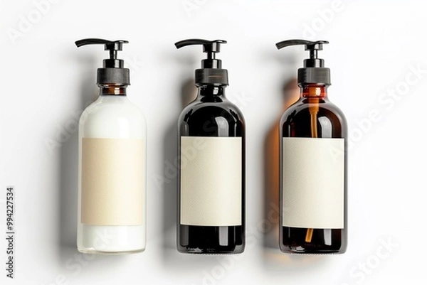 Obraz A mockup of three bottles with white labels and black pumps for shampoo.