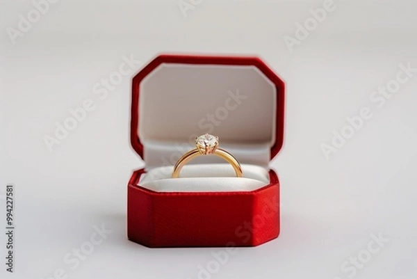 Fototapeta Red velvet ring box with diamond engagement ring on a white background.