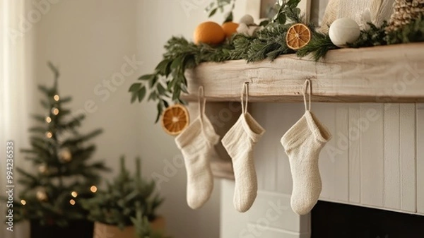 Fototapeta Minimalist eco-friendly fireplace with natural elements like cotton stockings, a potted evergreen, and a recycled paper garland for a green holiday feel. Holiday fireplace
