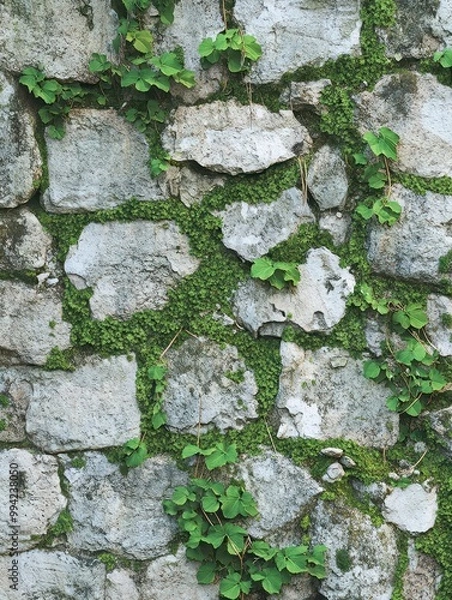 Obraz Ancient stone wall with moss and ivy growing in the cracks, rich texture and natural decay, symbolizing timeless history and beauty.