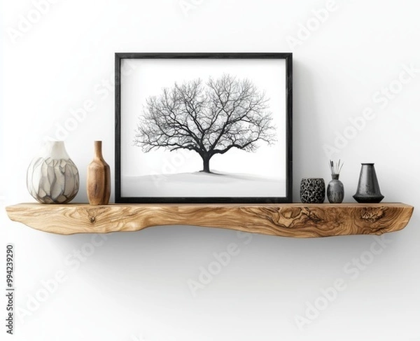 Fototapeta Modern living room interior design: floating wood shelf with frames and vases on white wall. Organization of home storage.