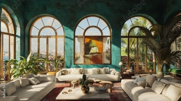 Obraz The living room of a modern home has a brass coffee table and a curved turquoise arch with an empty wall