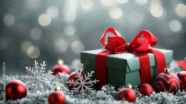 Fototapeta hristmas background with green gift box red ribbon, white snowflakes and red ornaments on the bottom, creating an elegant festive atmosphere. 
