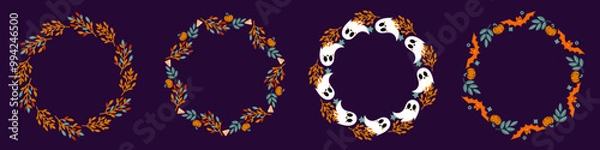 Fototapeta Happy Halloween party wreaths with cute ghosts, creepy pumpkin, bats, flowers and fancy hat. For the design of cards, posters, invitations, books