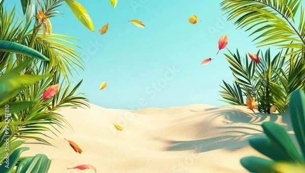 Fototapeta A summer holiday background with a golden beach and rays of sun light on a golden sand beach with a sea blue sky and white clouds in the distance. A copy of space summer vacation concept with a