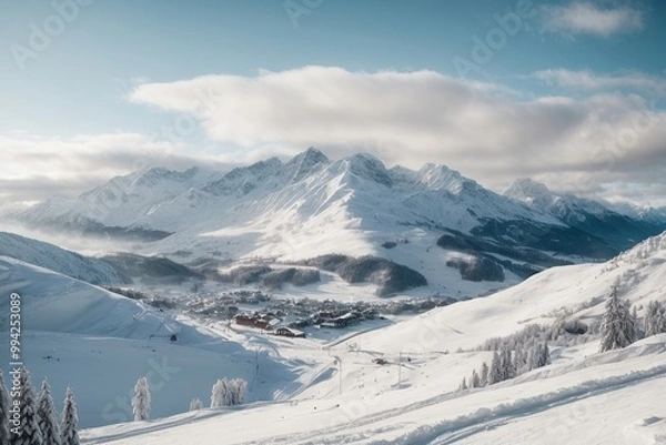 Obraz Winter mountains panorama with ski slopes and ski